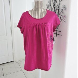 New BCBG Paris Tiger Lily Short Sleeve Top XL Fuchsia Relaxed Fit Cotton Pull On